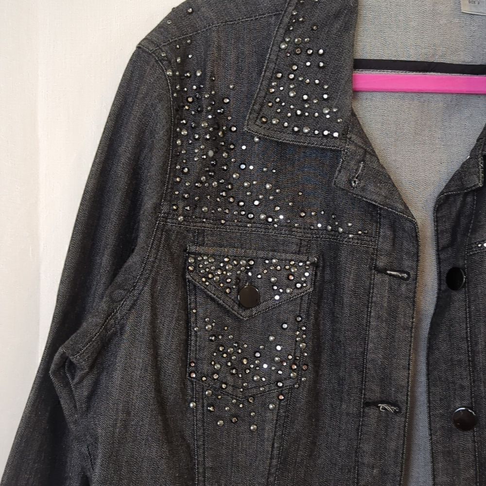 Chico's Black Denim Jacket with Rhinestones and Studs Size 3 - Picture 2 of 8